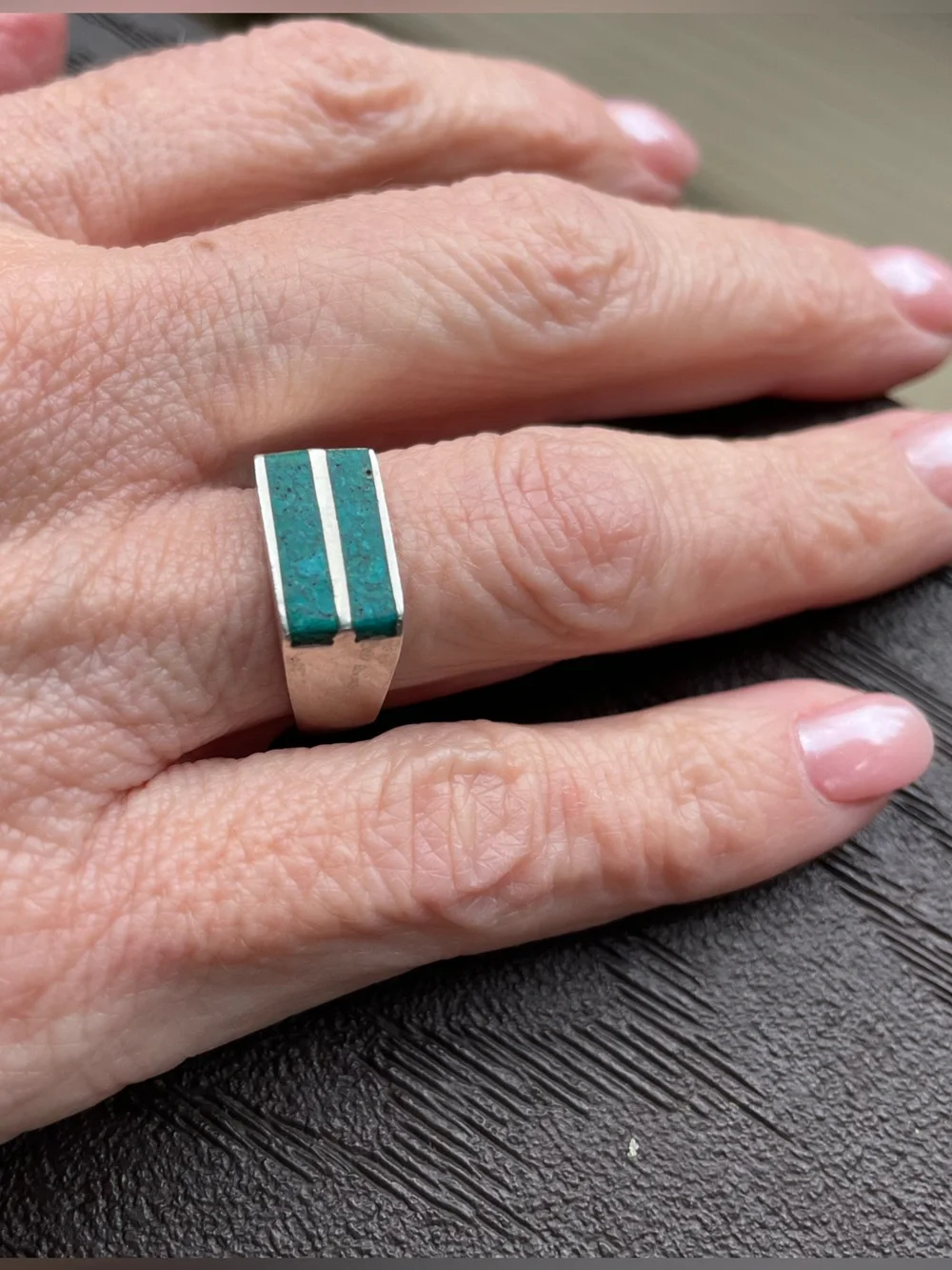 Turquoise Inlay Signet Ring in Sterling with Mexico and Maker Hallmarks, 6.5 - Picture 7 of 15